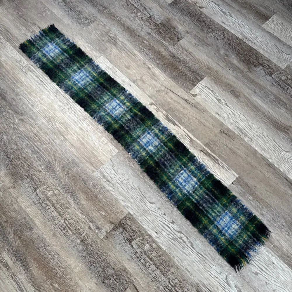 Foxford Green Blue Plaid Mohair Wool Scarf Fringe Cozy Winter
